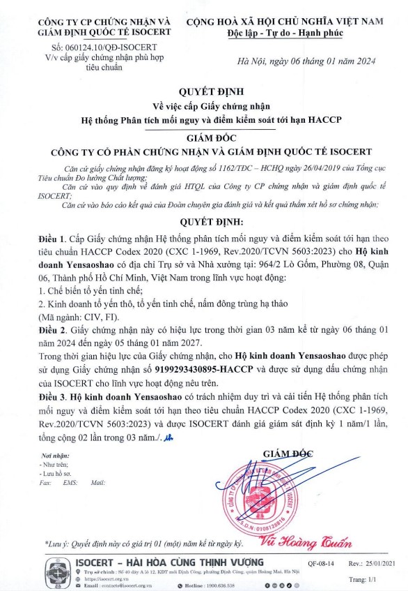HACCP YẾN SÀO SHAO